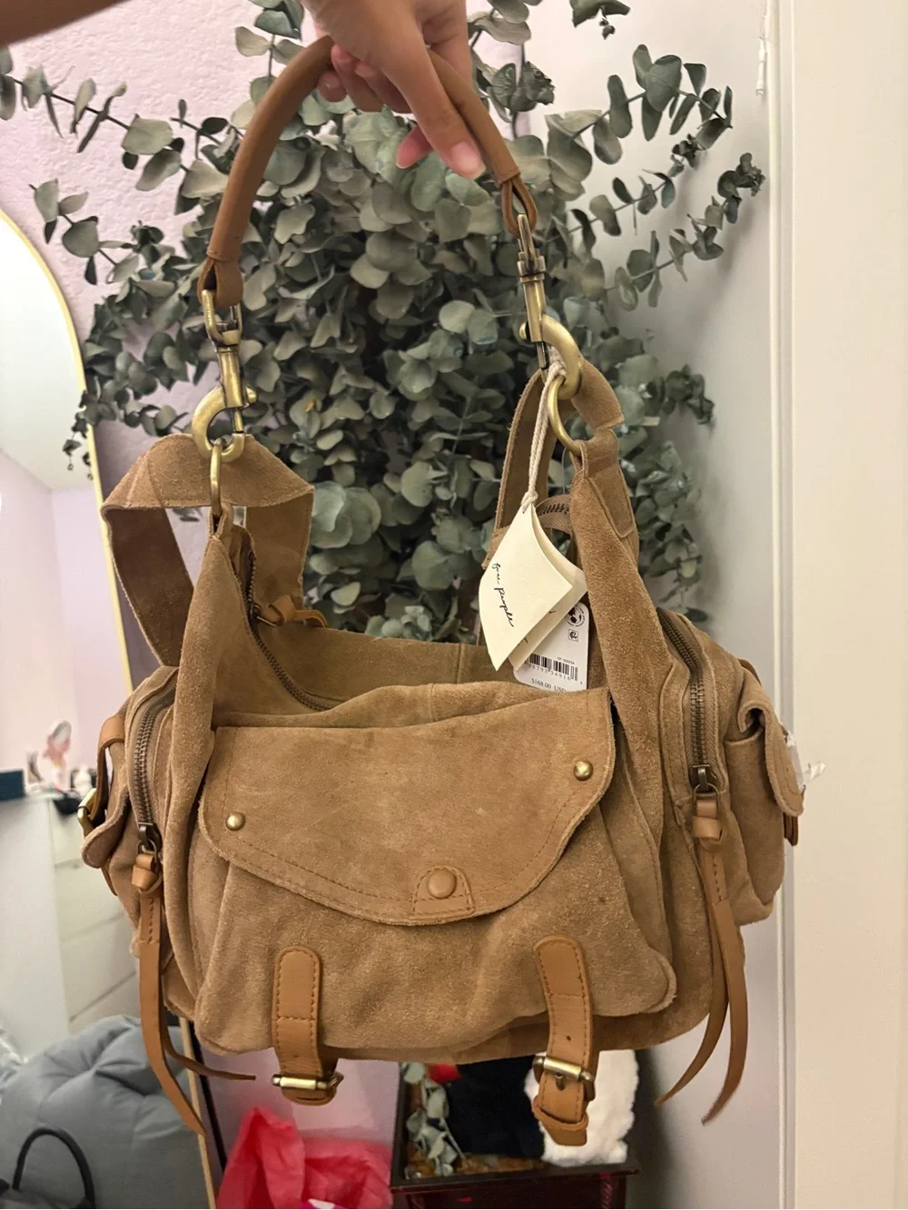 Suede Tan Shoulder Bag - Women's Handbag